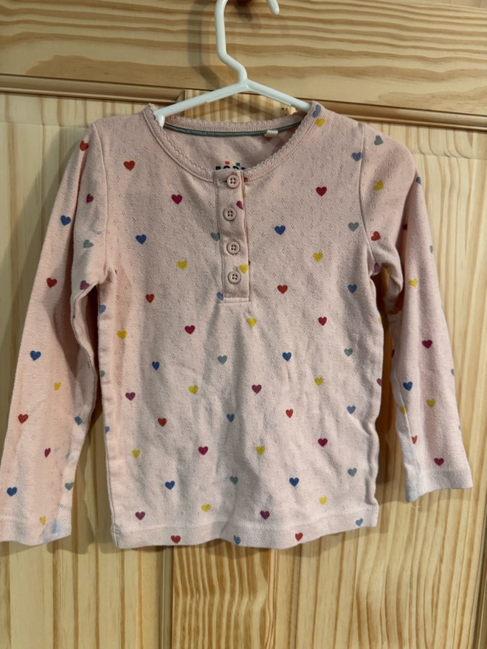 Mini Boden Girls Pink Heart Pointelle Henley Long Sleeve Top Shirt 4-5Y